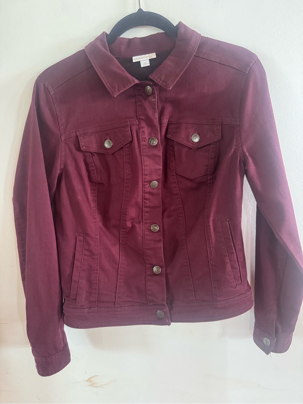 Women’s S Burgundy Denim Jacket Chic Preppy Cottagecore Western Career